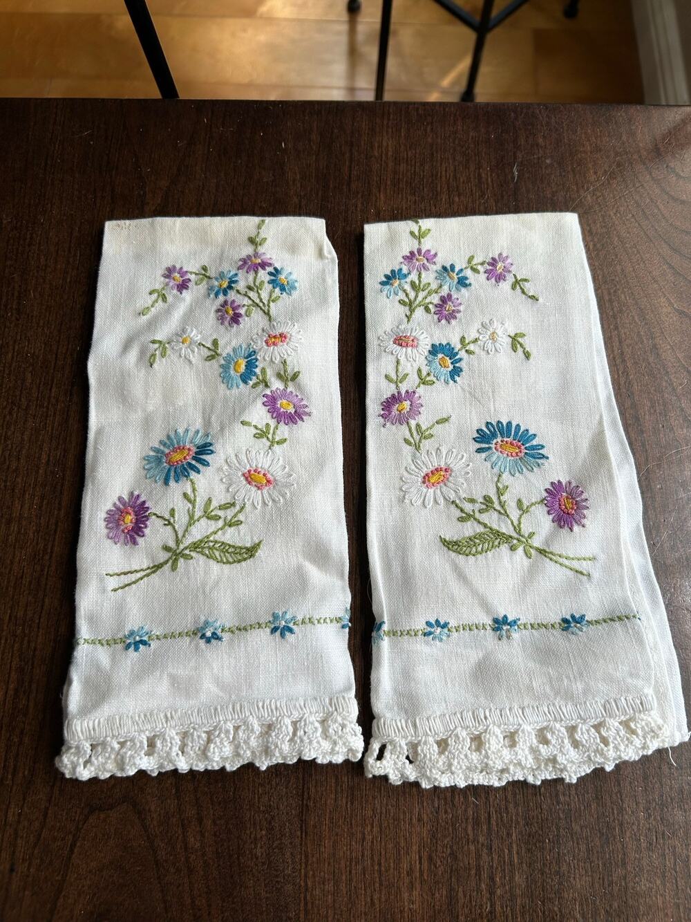 Vintage white linen or cotton hand-embroidered guest towels napkins